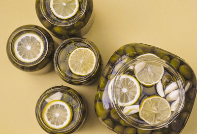 High angle view of drink in jar on table