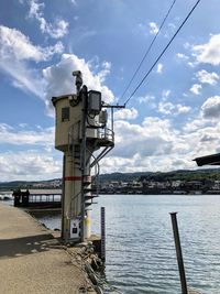  water gauge by river against sky