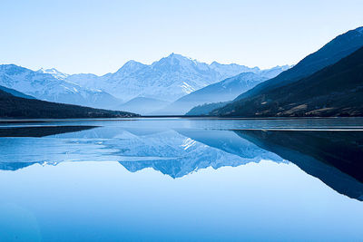 Scenic view of lake and mountains against clear blue sky