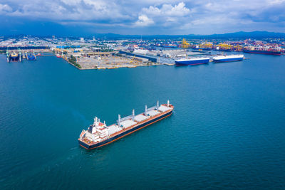 High angle view of ship in sea against sky