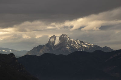 Scenic view of mountains against sky during sunset