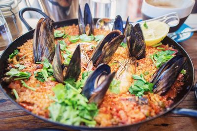 Close-up of seafood in container on table