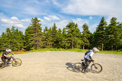 Man riding bicycle on plants against sky