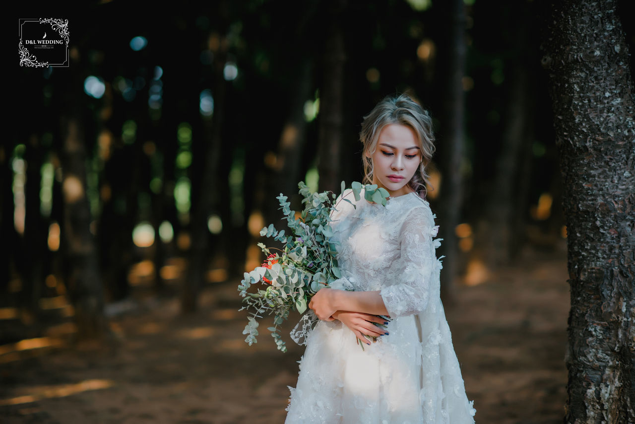bride, wedding dress, women, plant, celebration, adult, female, tree, event, flower, emotion, dress, wedding, bouquet, nature, one person, flower arrangement, newlywed, happiness, fashion, smiling, flowering plant, clothing, gown, portrait, young adult, life events, ceremony, bridal clothing, standing, outdoors, positive emotion, white, person, blond hair, child, looking at camera, childhood, beauty in nature, love, forest, tradition, looking, front view, lifestyles, elegance, focus on foreground, three quarter length