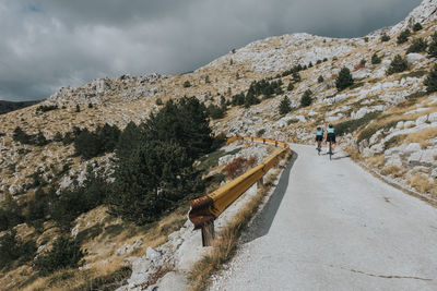 People cycling on mountain road