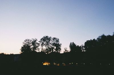 Silhouette trees on field against clear sky during sunset