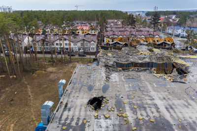 The aerial view of the destroyed supermarket roof. the supermarket was hit by rockets and mines.