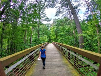 Rear view of woman walking on footbridge in forest