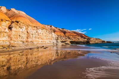 Scenic reflection of rocky landscape in sea