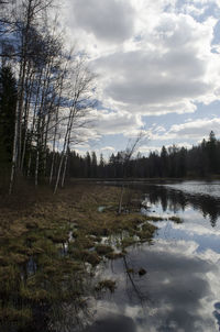 Scenic view of lake against cloudy sky