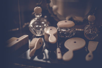 Close-up of brushes on table