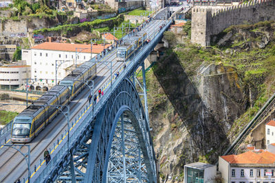 High angle view of railroad tracks amidst city