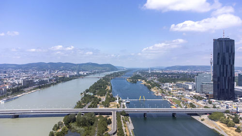 High angle view of the donau and the dc tower in vienna