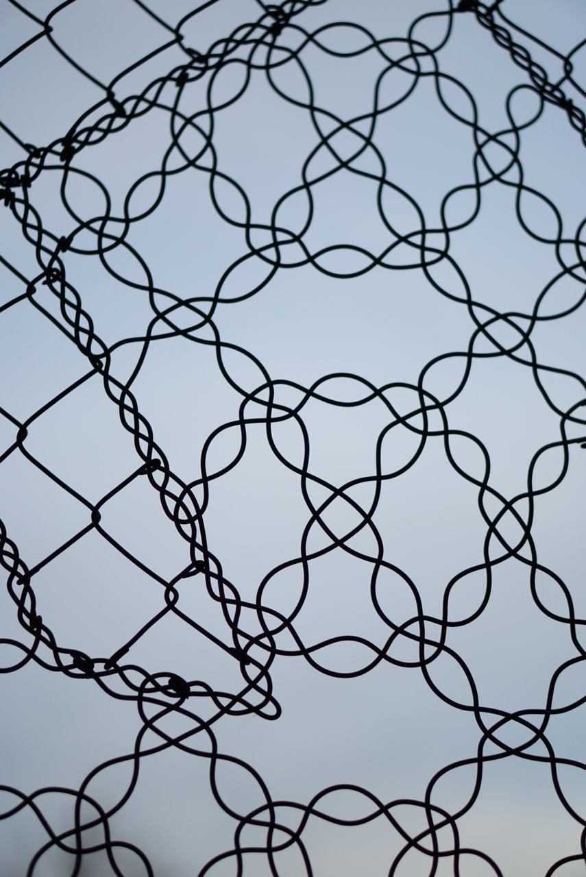 pattern, no people, metal, fence, safety, sky, boundary, protection, security, backgrounds, barrier, full frame, design, day, close-up, outdoors, nature, shape, low angle view, chainlink fence