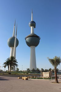 Low angle view of communications tower against sky