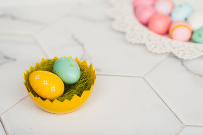 Close-up of easter eggs in bowl
