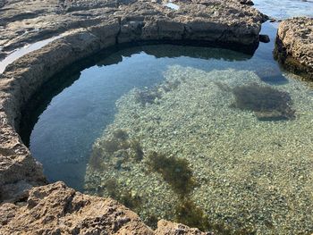 High angle view of rock formation in sea