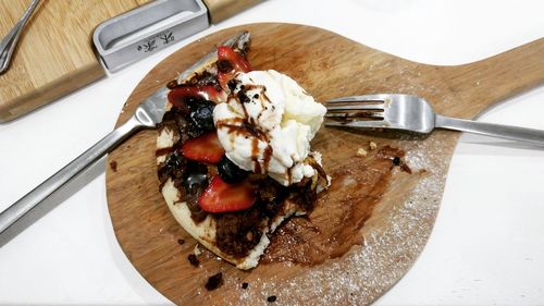 High angle view of dessert in plate on table