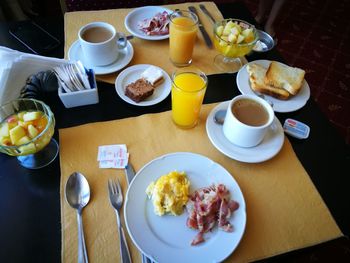 High angle view of breakfast on table