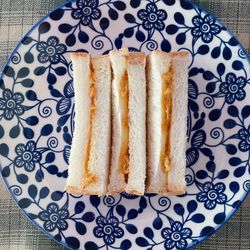 High angle view of breakfast served on table