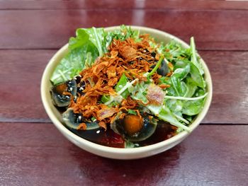 High angle view of food in bowl on table