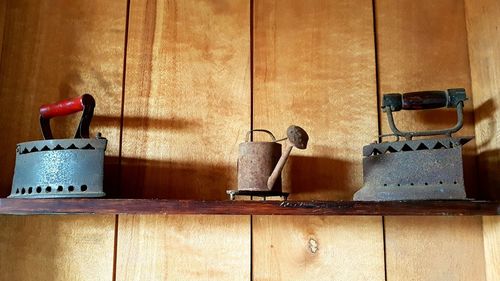 Close-up of objects in shelf