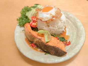 Close-up of dessert served on table