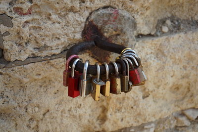 Close-up of padlocks on wall