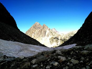 Scenic view of mountains against clear blue sky