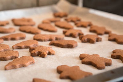 High angle view of cookies on table