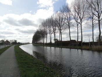 River by bare trees against sky