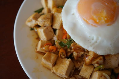 High angle view of breakfast served on table