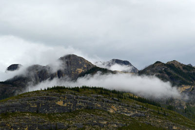Scenic view of rocky mountains against cloudy sky