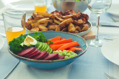 High angle view of food served on table