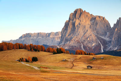 Scenic view of landscape and mountains against clear sky