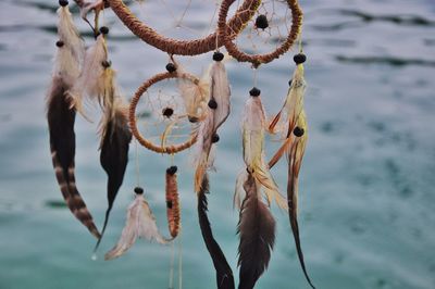 Close-up of dreamcatcher hanging over sea