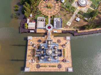 Aerial view of building by river