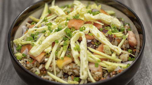 High angle view of rice in bowl on table