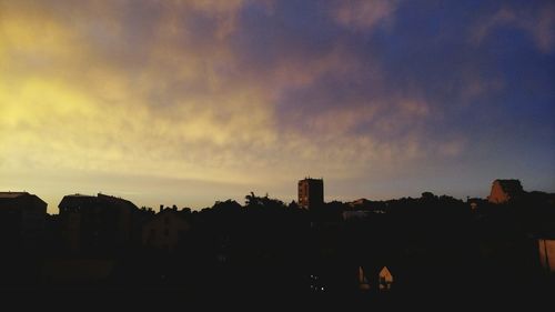 Buildings in city against cloudy sky