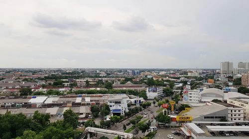 High angle view of buildings against sky