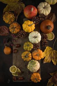 High angle view of pumpkins on leaves