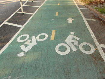 High angle view of text on road