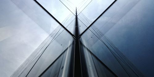 Low angle view of suspension bridge against sky