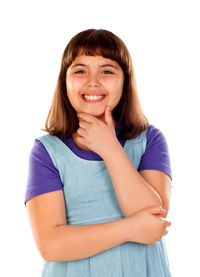 Portrait of a smiling young woman against white background