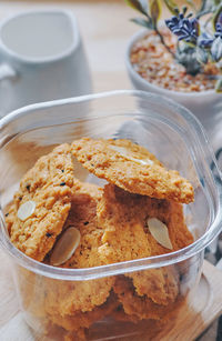 High angle view of breakfast on table