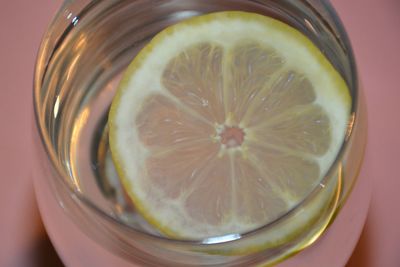 High angle view of drink in glass on table