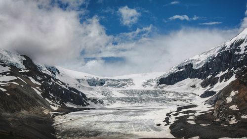 Scenic view of snow covered mountains against sky