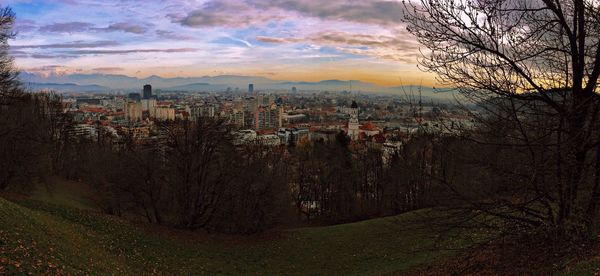 Aerial view of city during sunset