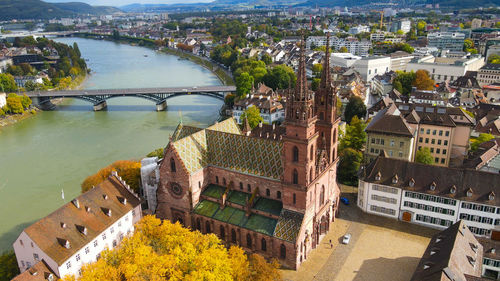 High angle view of river amidst buildings in city