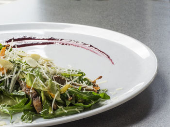 Close-up of fresh salad with grilled duck meat in plate